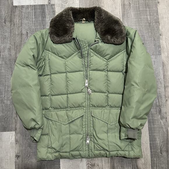 Vintage Comfy 60s 70s L Olive Green Goose Down Puffer Jacket Warm Winter Coat - Picture 1 of 6